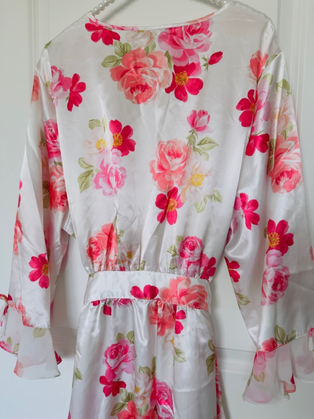 Morgan Taylor Kimono Robe XXL White Satin Floral with Pink Blooms TieUp Pocket - Picture 5 of 11